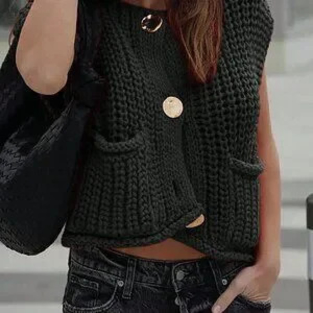 Black Casual Women's Loose Knit Vest With Double Pockets - Picture 4 of 4